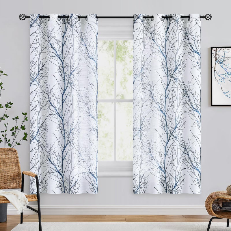 FMFUNCTEX Linen Semi Sheer Curtains for Bedroom, Blue White Curtains 63 Inches Long for Living Room, Grey Tree Branch Patterned Curtain Light Filtering Farmhouse Window Drapes, Grommet Top 2 Panels - Image 2